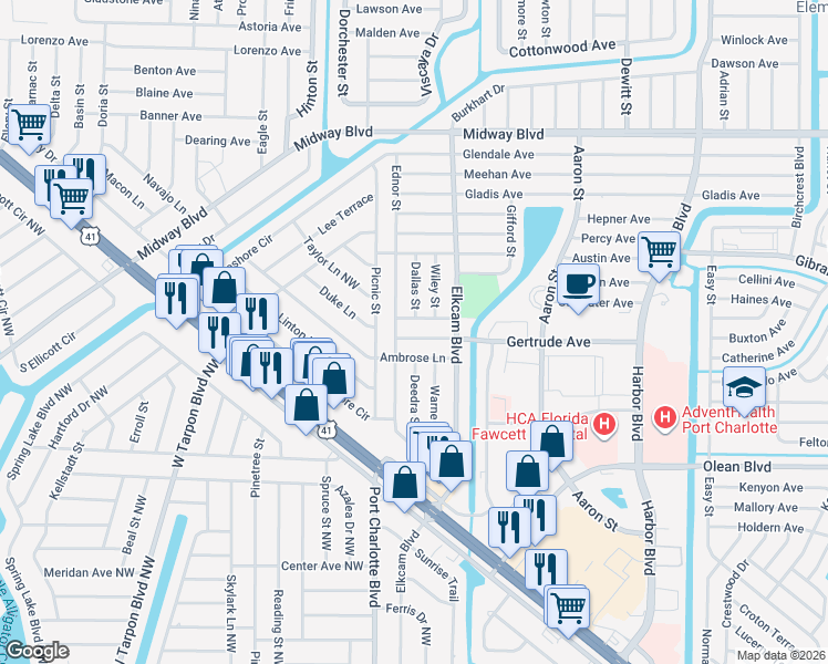 map of restaurants, bars, coffee shops, grocery stores, and more near 21048 Gertrude Ave in Port Charlotte