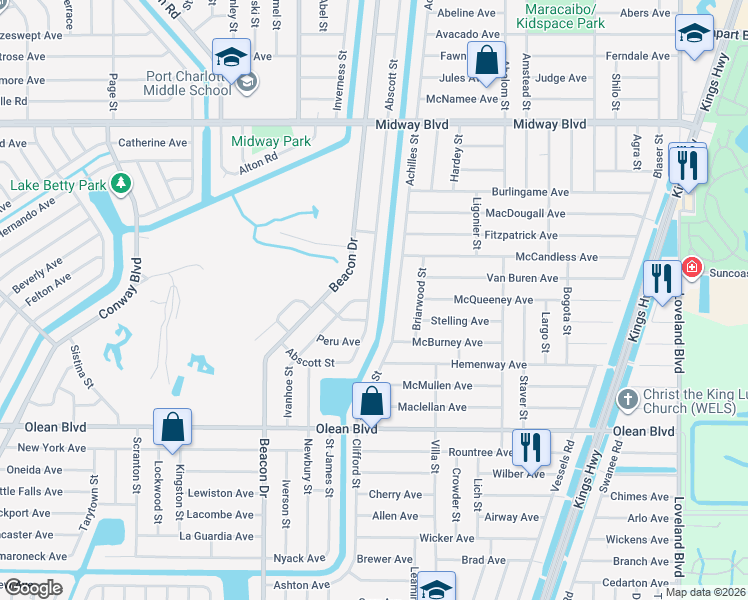 map of restaurants, bars, coffee shops, grocery stores, and more near 2372 Abscott Street in Port Charlotte