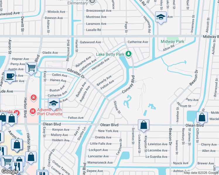 map of restaurants, bars, coffee shops, grocery stores, and more near 2433 Starlite Lane in Port Charlotte