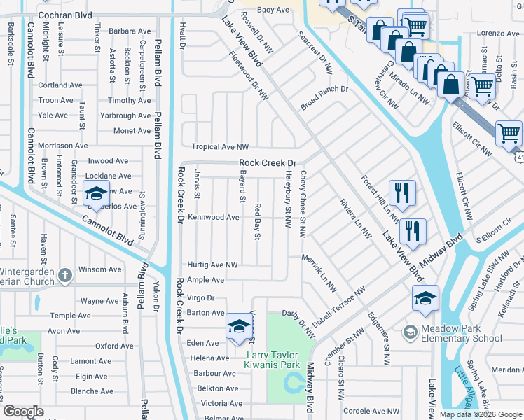 map of restaurants, bars, coffee shops, grocery stores, and more near 1087 Kennwood Terrace Northwest in Port Charlotte
