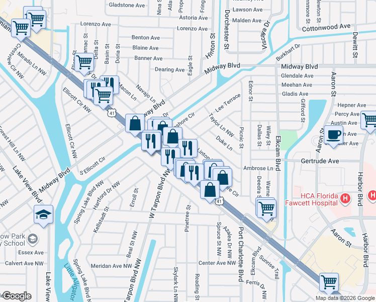 map of restaurants, bars, coffee shops, grocery stores, and more near 2515 Lakeshore Circle in Port Charlotte