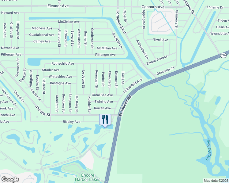 map of restaurants, bars, coffee shops, grocery stores, and more near 14519 Coral Sea Avenue in Port Charlotte