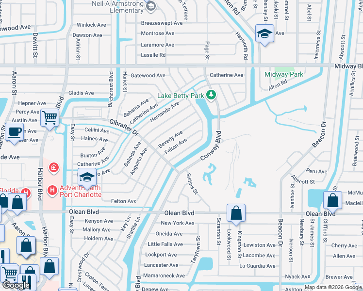 map of restaurants, bars, coffee shops, grocery stores, and more near 2433 Starlite Lane in Port Charlotte