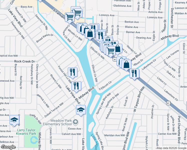 map of restaurants, bars, coffee shops, grocery stores, and more near 814 Ellicott Circle Northwest in Port Charlotte