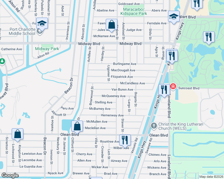 map of restaurants, bars, coffee shops, grocery stores, and more near 23249 McCandless Avenue in Port Charlotte