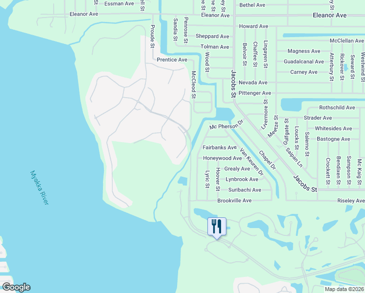 map of restaurants, bars, coffee shops, grocery stores, and more near 2819 Myakka Creek Court in Port Charlotte