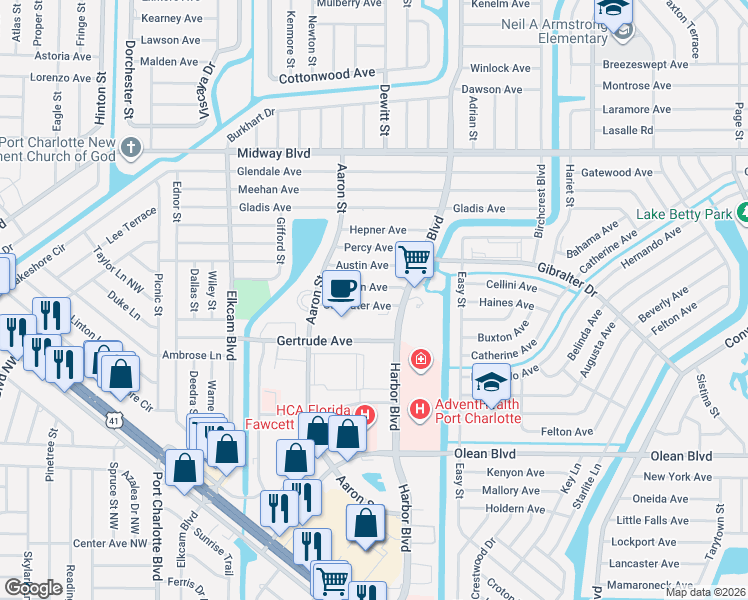 map of restaurants, bars, coffee shops, grocery stores, and more near 21299 Coulton Avenue in Port Charlotte