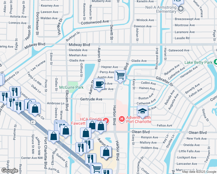 map of restaurants, bars, coffee shops, grocery stores, and more near 21299 Coulton Avenue in Port Charlotte