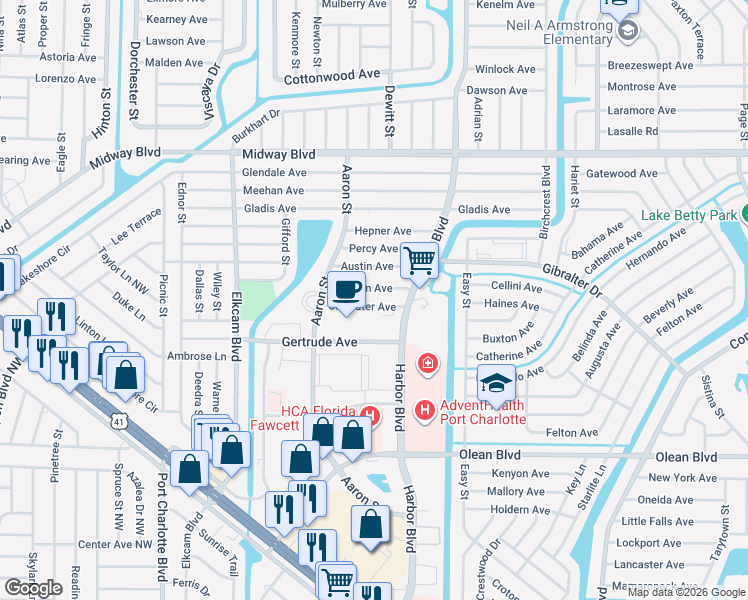 map of restaurants, bars, coffee shops, grocery stores, and more near 21299 Coulton Avenue in Port Charlotte