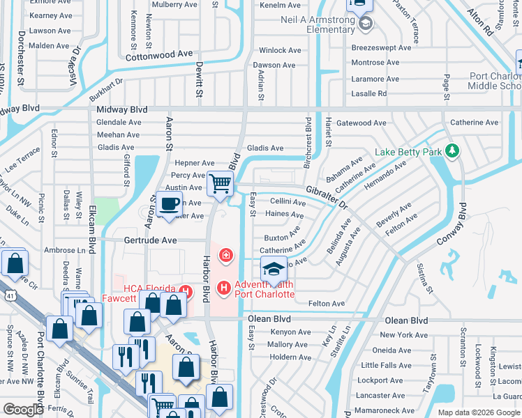 map of restaurants, bars, coffee shops, grocery stores, and more near 21882 Haines Avenue in Port Charlotte