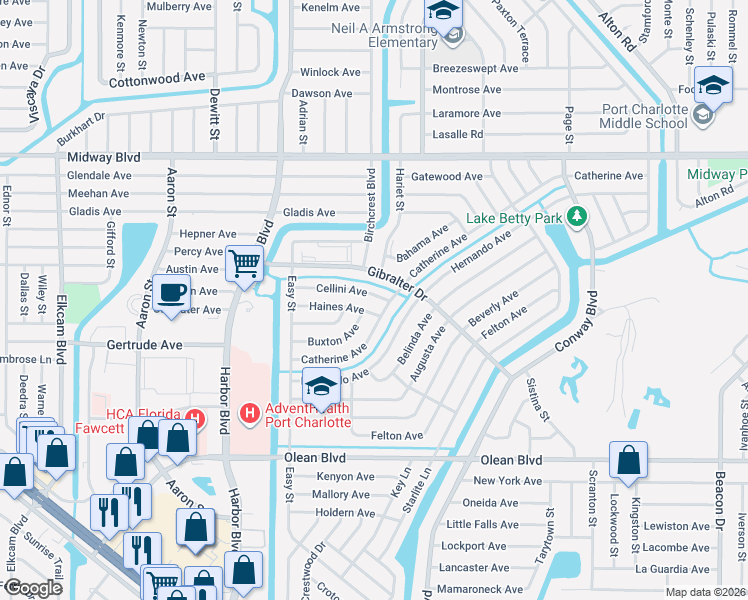 map of restaurants, bars, coffee shops, grocery stores, and more near 21987 Cellini Avenue in Port Charlotte
