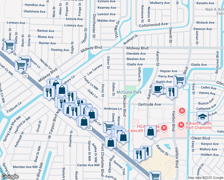 map of restaurants, bars, coffee shops, grocery stores, and more near 2329 Dallas Street in Port Charlotte