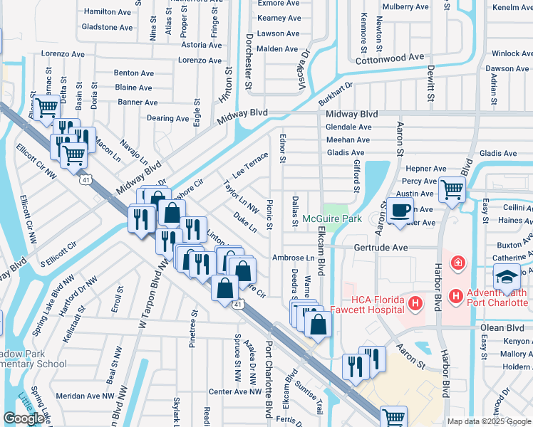 map of restaurants, bars, coffee shops, grocery stores, and more near 226 Taylor Lane Northwest in Port Charlotte