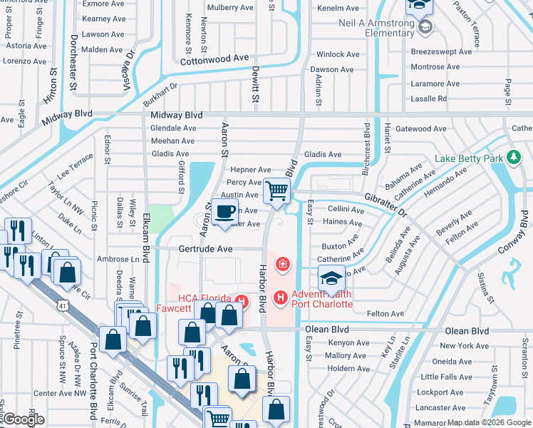 map of restaurants, bars, coffee shops, grocery stores, and more near 21351 Coulton Avenue in Port Charlotte