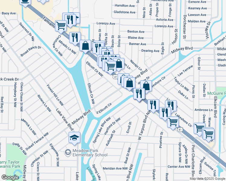 map of restaurants, bars, coffee shops, grocery stores, and more near 625 Ennis Terrace Northwest in Port Charlotte