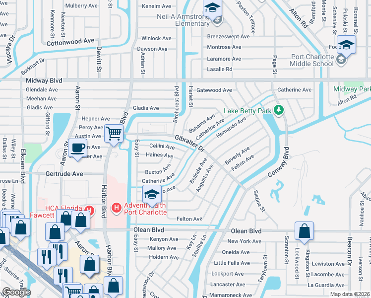 map of restaurants, bars, coffee shops, grocery stores, and more near 21987 Cellini Avenue in Port Charlotte