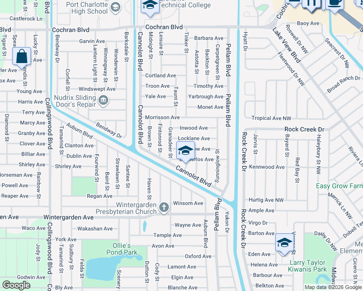 map of restaurants, bars, coffee shops, grocery stores, and more near 18378 Evenglow Avenue in Port Charlotte