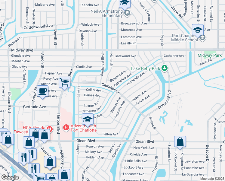 map of restaurants, bars, coffee shops, grocery stores, and more near 22083 Catherine Avenue in Port Charlotte