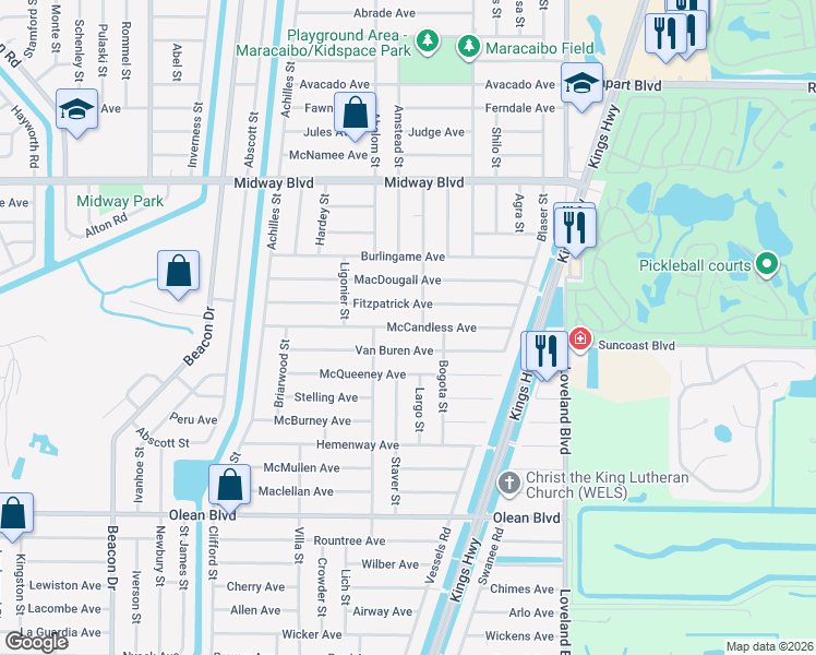 map of restaurants, bars, coffee shops, grocery stores, and more near 23343 McCandless Avenue in Port Charlotte
