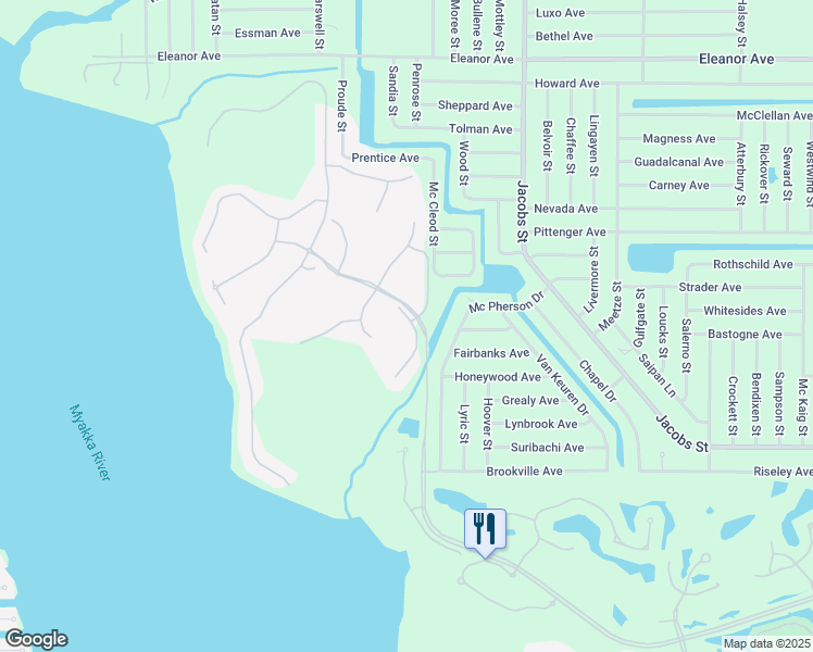 map of restaurants, bars, coffee shops, grocery stores, and more near 2777 Myakka Creek Court in Port Charlotte
