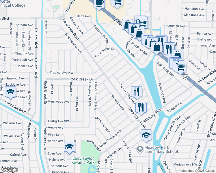 map of restaurants, bars, coffee shops, grocery stores, and more near 865 Riviera Lane Northwest in Port Charlotte
