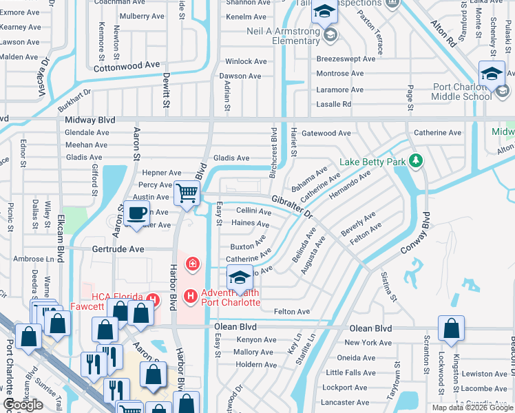 map of restaurants, bars, coffee shops, grocery stores, and more near 21930 Haines Avenue in Port Charlotte
