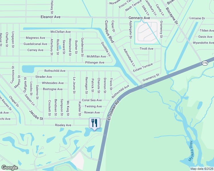 map of restaurants, bars, coffee shops, grocery stores, and more near 2349 Drennon Street in Port Charlotte