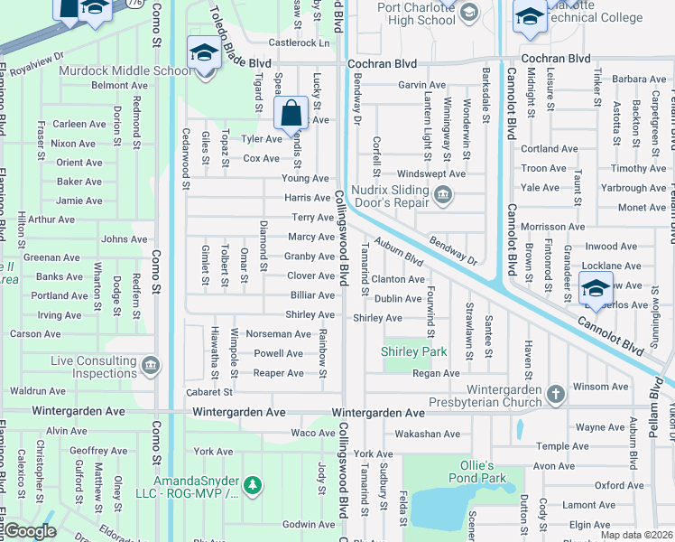 map of restaurants, bars, coffee shops, grocery stores, and more near 17513 Clover Avenue in Port Charlotte