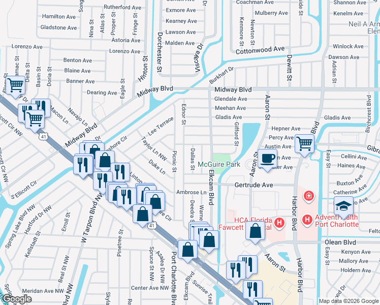 map of restaurants, bars, coffee shops, grocery stores, and more near 2329 Dallas Street in Port Charlotte
