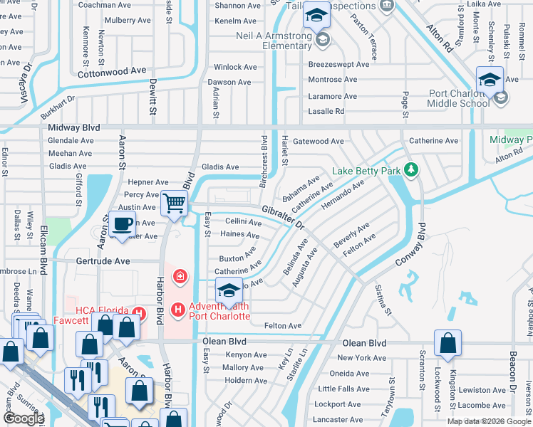 map of restaurants, bars, coffee shops, grocery stores, and more near 2272 Birchcrest Boulevard in Port Charlotte