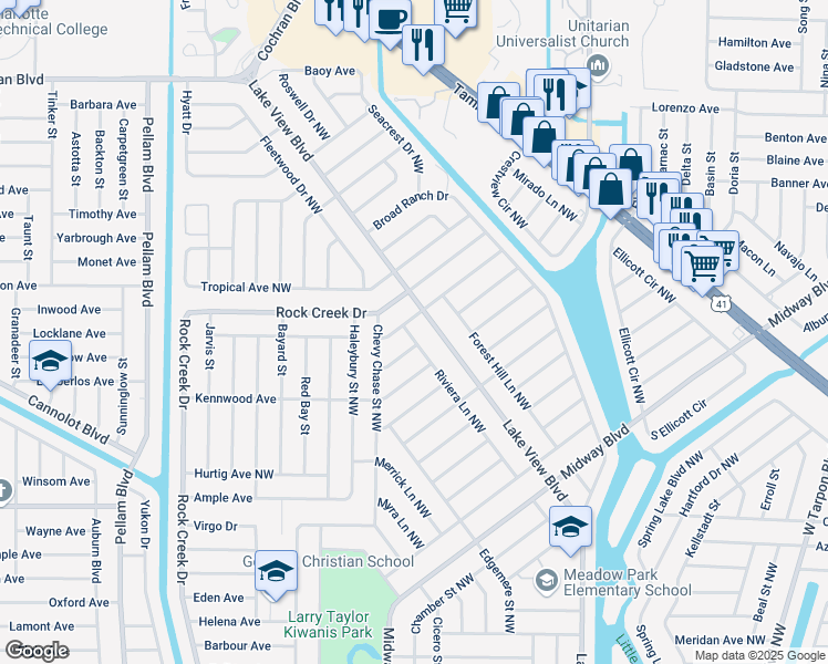 map of restaurants, bars, coffee shops, grocery stores, and more near 893 Riviera Lane Northwest in Port Charlotte
