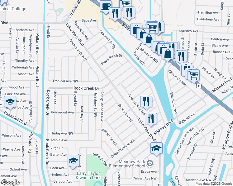 map of restaurants, bars, coffee shops, grocery stores, and more near 2290 Lake View Boulevard in Port Charlotte