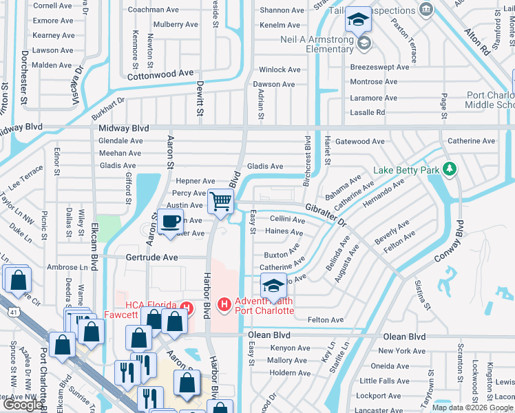 map of restaurants, bars, coffee shops, grocery stores, and more near 21435 Gibralter Drive in Port Charlotte