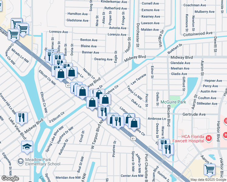 map of restaurants, bars, coffee shops, grocery stores, and more near 2355 Lakeshore Circle in Port Charlotte