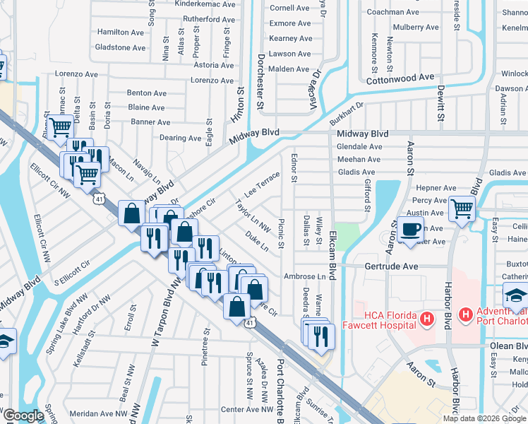 map of restaurants, bars, coffee shops, grocery stores, and more near 2371 Alda Lane in Port Charlotte