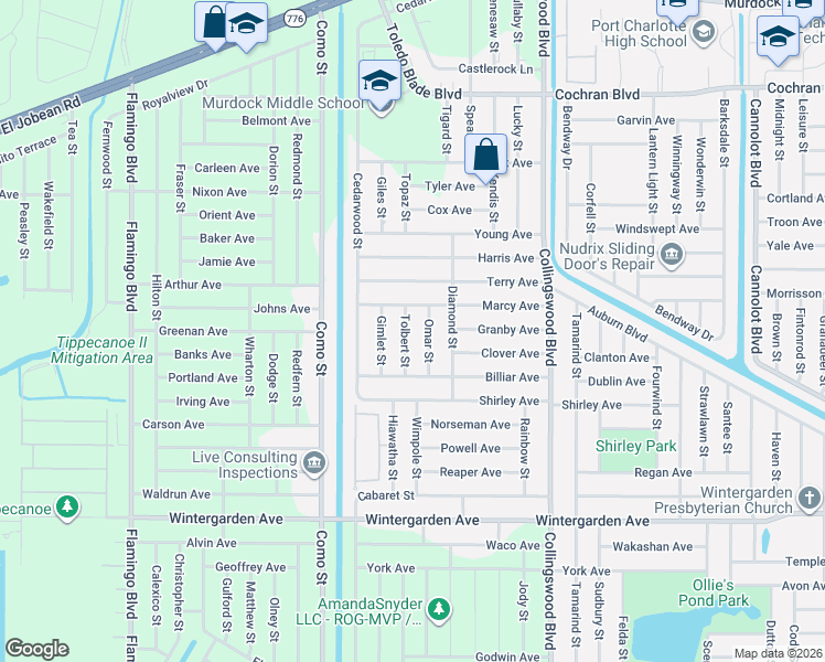 map of restaurants, bars, coffee shops, grocery stores, and more near 2289 Omar Street in Port Charlotte