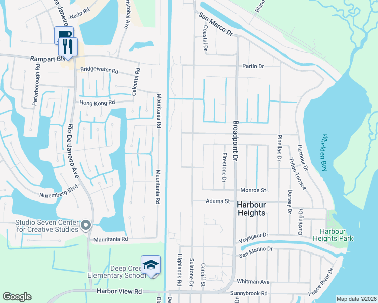 map of restaurants, bars, coffee shops, grocery stores, and more near 2250 Highlands Road in Punta Gorda