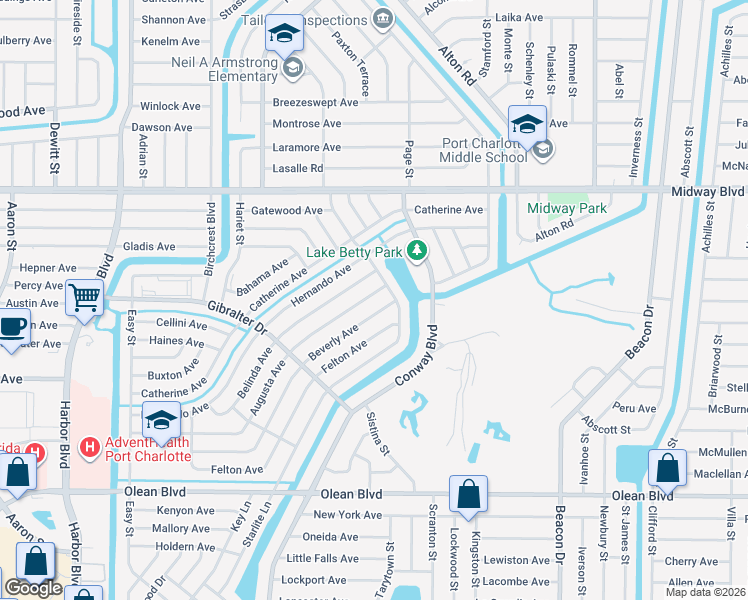 map of restaurants, bars, coffee shops, grocery stores, and more near 22345 Augusta Avenue in Port Charlotte
