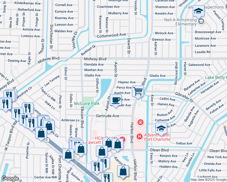 map of restaurants, bars, coffee shops, grocery stores, and more near 2246 Aaron Street in Port Charlotte