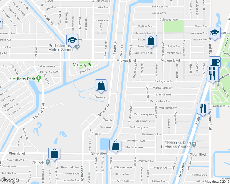 map of restaurants, bars, coffee shops, grocery stores, and more near 23046 Fontaine Avenue in Port Charlotte