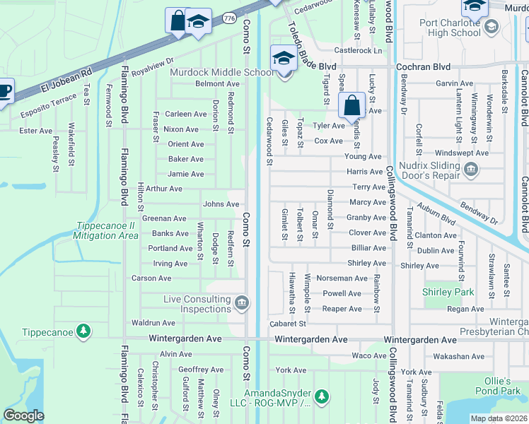 map of restaurants, bars, coffee shops, grocery stores, and more near 2289 Cedarwood Street in Port Charlotte