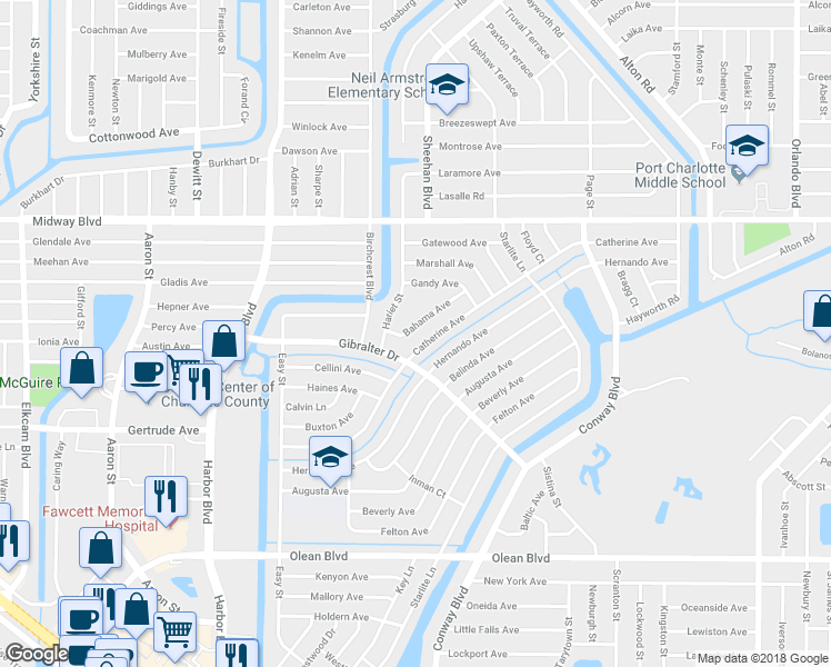 map of restaurants, bars, coffee shops, grocery stores, and more near 22147 Bahama Lane in Port Charlotte