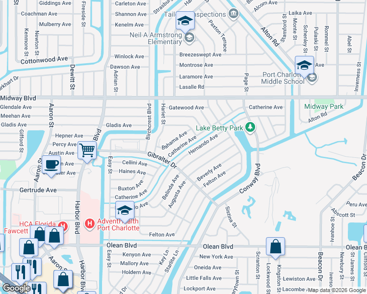 map of restaurants, bars, coffee shops, grocery stores, and more near 22179 Catherine Avenue in Port Charlotte