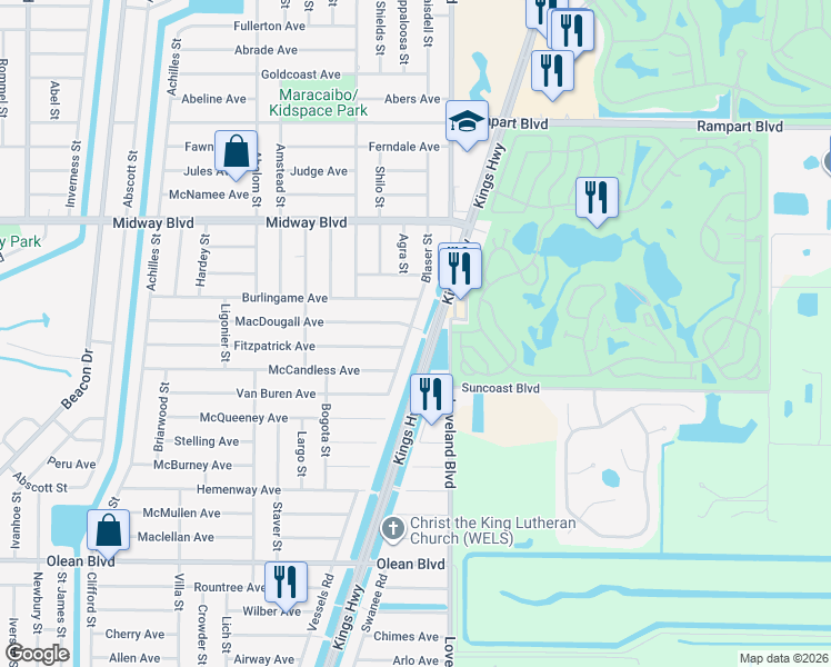 map of restaurants, bars, coffee shops, grocery stores, and more near 2264 Blaser Street in Port Charlotte