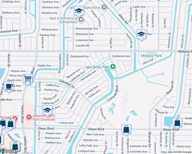 map of restaurants, bars, coffee shops, grocery stores, and more near 22235 Belinda Avenue in Port Charlotte