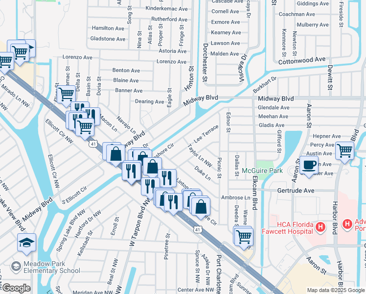 map of restaurants, bars, coffee shops, grocery stores, and more near 2315 Lee Terrace in Port Charlotte