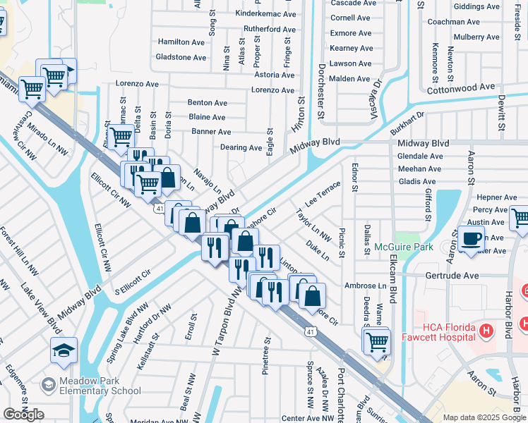 map of restaurants, bars, coffee shops, grocery stores, and more near 2355 Lakeshore Circle in Port Charlotte