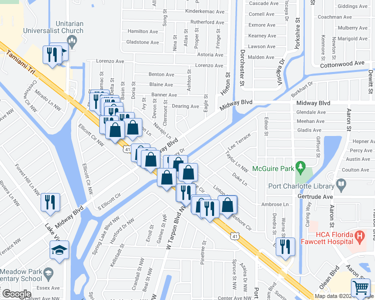 map of restaurants, bars, coffee shops, grocery stores, and more near 20415 Albury Drive in Port Charlotte