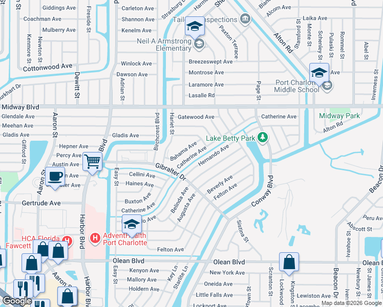 map of restaurants, bars, coffee shops, grocery stores, and more near 22179 Catherine Avenue in Port Charlotte