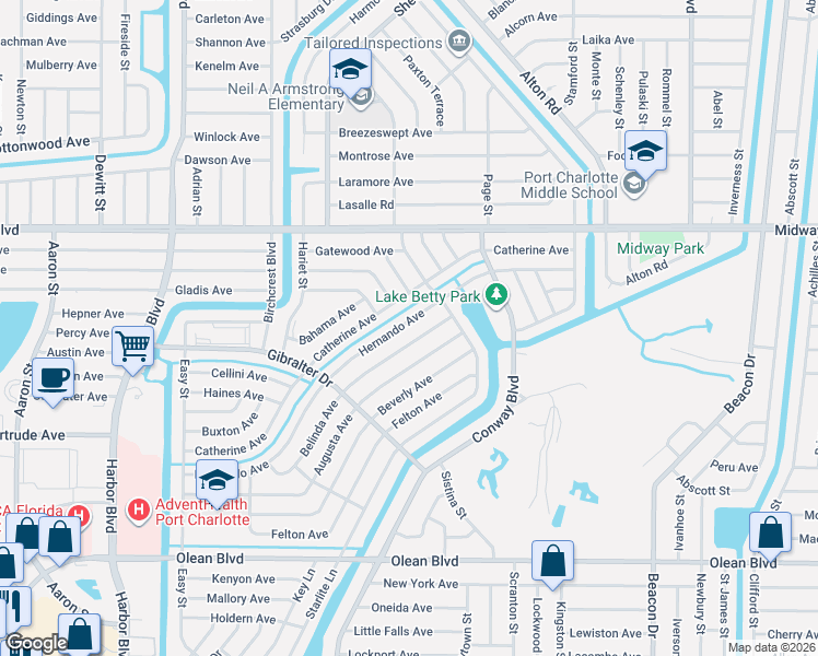 map of restaurants, bars, coffee shops, grocery stores, and more near 22235 Belinda Avenue in Port Charlotte